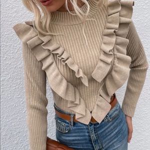 Boho khaki ribbed knit ruffles sweater top